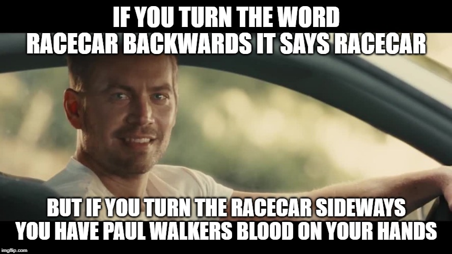 Poor Paul | IF YOU TURN THE WORD RACECAR BACKWARDS IT SAYS RACECAR; BUT IF YOU TURN THE RACECAR SIDEWAYS YOU HAVE PAUL WALKERS BLOOD ON YOUR HANDS | image tagged in paul walker | made w/ Imgflip meme maker