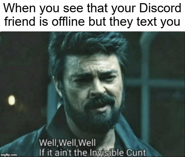 GO ONLINE BRO | When you see that your Discord friend is offline but they text you | image tagged in the boys invisible cunt,memes,funny,dank,invisible cunt,invisible | made w/ Imgflip meme maker