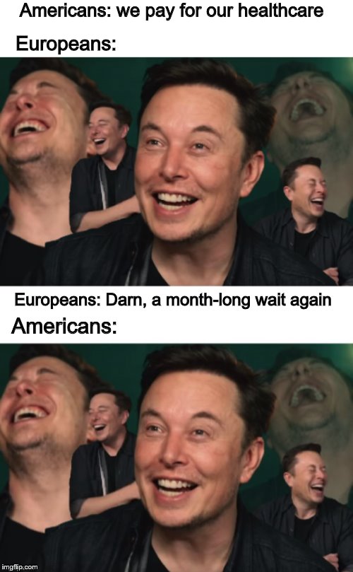 The pros and cons of universal healthcare: the basics | Americans: we pay for our healthcare; Europeans:; Europeans: Darn, a month-long wait again; Americans: | image tagged in elon musk laughing,politics,healthcare,europe,america,political meme | made w/ Imgflip meme maker