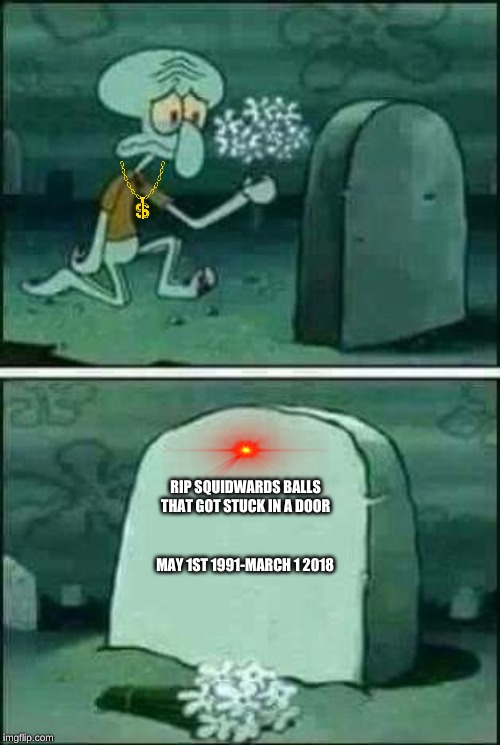 grave spongebob | RIP SQUIDWARDS BALLS THAT GOT STUCK IN A DOOR; MAY 1ST 1991-MARCH 1 2018 | image tagged in grave spongebob | made w/ Imgflip meme maker