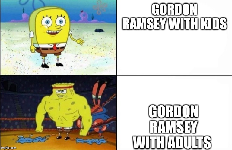 Normal vs strong | GORDON RAMSEY WITH KIDS; GORDON RAMSEY WITH ADULTS | image tagged in normal vs strong | made w/ Imgflip meme maker