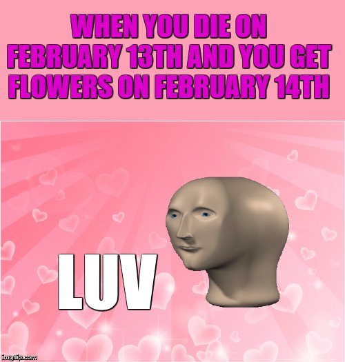 WHEN YOU DIE ON FEBRUARY 13TH AND YOU GET FLOWERS ON FEBRUARY 14TH; LUV | image tagged in meme man | made w/ Imgflip meme maker