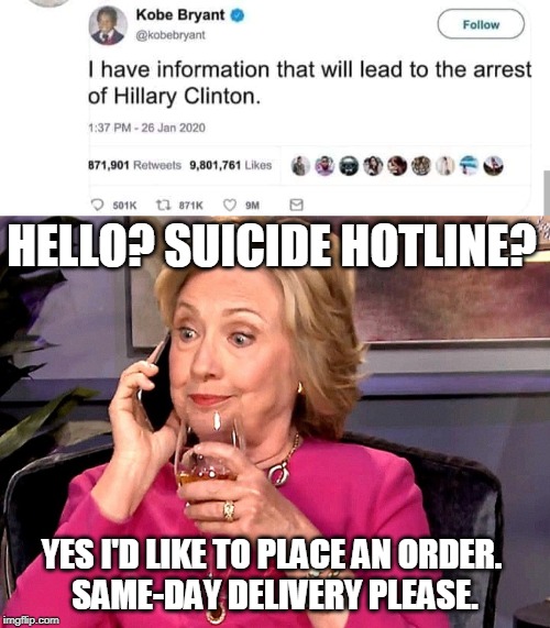 What really happened to Kobe... | HELLO? SUICIDE HOTLINE? YES I'D LIKE TO PLACE AN ORDER. 
SAME-DAY DELIVERY PLEASE. | image tagged in kobe bryant,hillary clinton,plane crash,suicide hotline,hillary for prison,memes | made w/ Imgflip meme maker