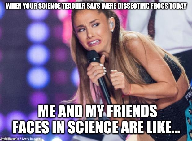 ariana grande | WHEN YOUR SCIENCE TEACHER SAYS WERE DISSECTING FROGS TODAY; ME AND MY FRIENDS FACES IN SCIENCE ARE LIKE... | image tagged in ariana grande | made w/ Imgflip meme maker