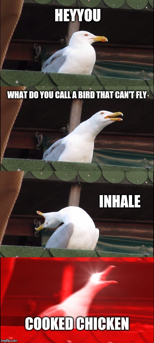 Inhaling Seagull Meme | HEYYOU; WHAT DO YOU CALL A BIRD THAT CAN'T FLY; INHALE; COOKED CHICKEN | image tagged in memes,inhaling seagull | made w/ Imgflip meme maker