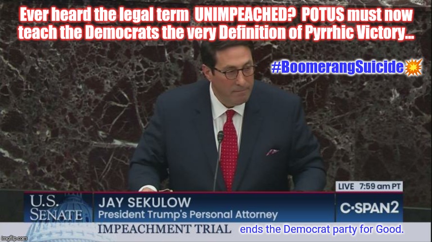 Impeachment without High Crimes and Misdemeanors is Unconstitutional. DNC #BoomerangSuicide CHAMP #UnimpeachedPOTUS 45 WINNING | Ever heard the legal term  UNIMPEACHED?  POTUS must now
teach the Democrats the very Definition of Pyrrhic Victory... #BoomerangSuicide💥; ends the Democrat party for Good. | image tagged in jay sekulow educates democrats,trump impeachment,witch hunt,qanon,the great awakening,donald trump approves | made w/ Imgflip meme maker