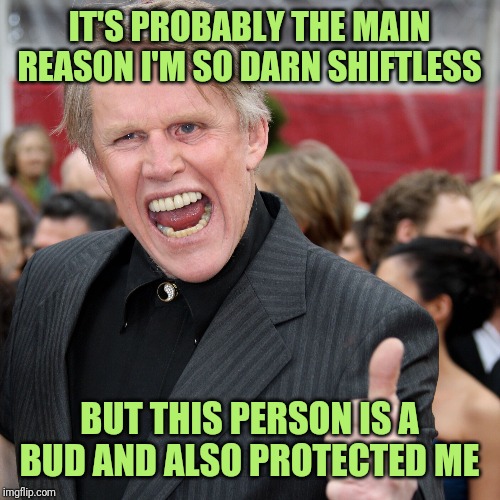 Gary Busey | IT'S PROBABLY THE MAIN REASON I'M SO DARN SHIFTLESS BUT THIS PERSON IS A BUD AND ALSO PROTECTED ME | image tagged in gary busey | made w/ Imgflip meme maker