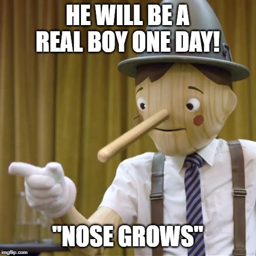 Geico Pinocchio  | HE WILL BE A REAL BOY ONE DAY! "NOSE GROWS" | image tagged in geico pinocchio | made w/ Imgflip meme maker