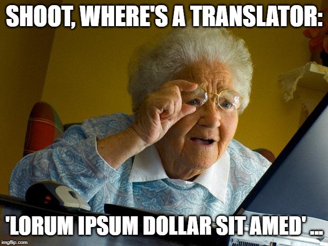 it's grandma dumb joke week! gdk | SHOOT, WHERE'S A TRANSLATOR:; 'LORUM IPSUM DOLLAR SIT AMED' ... | image tagged in memes,grandma finds the internet | made w/ Imgflip meme maker