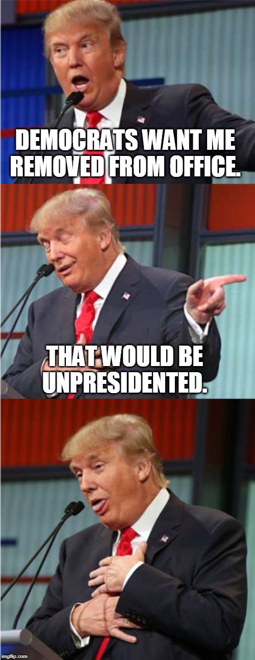 Bad Pun Trump | DEMOCRATS WANT ME REMOVED FROM OFFICE. THAT WOULD BE UNPRESIDENTED. | image tagged in bad pun trump | made w/ Imgflip meme maker