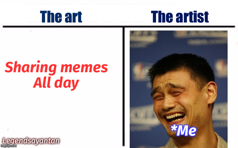 Who Would Win? Meme | The art; The artist; Sharing memes
All day; *Me; Legendsayantan | image tagged in memes,who would win | made w/ Imgflip meme maker