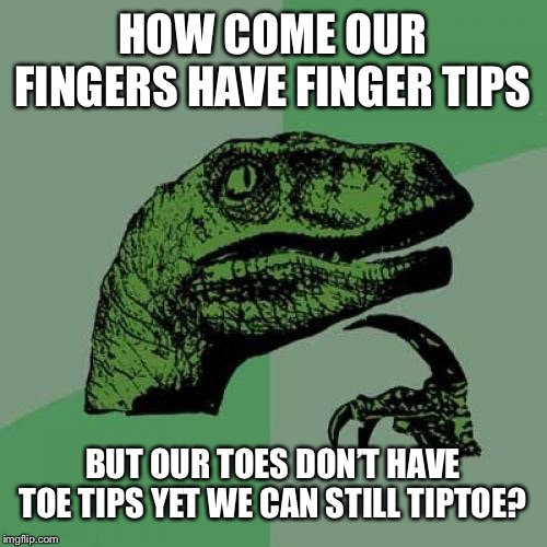 How is it possible? | HOW COME OUR FINGERS HAVE FINGER TIPS; BUT OUR TOES DON’T HAVE TOE TIPS YET WE CAN STILL TIPTOE? | image tagged in memes,philosoraptor,isaac_laugh,lol,fingers | made w/ Imgflip meme maker