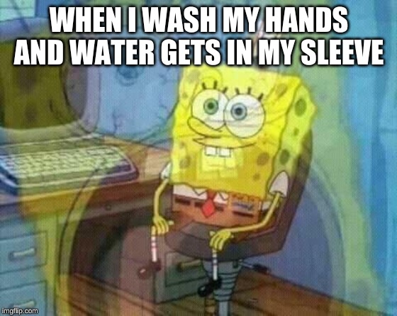 spongebob panic inside | WHEN I WASH MY HANDS AND WATER GETS IN MY SLEEVE | image tagged in spongebob panic inside | made w/ Imgflip meme maker