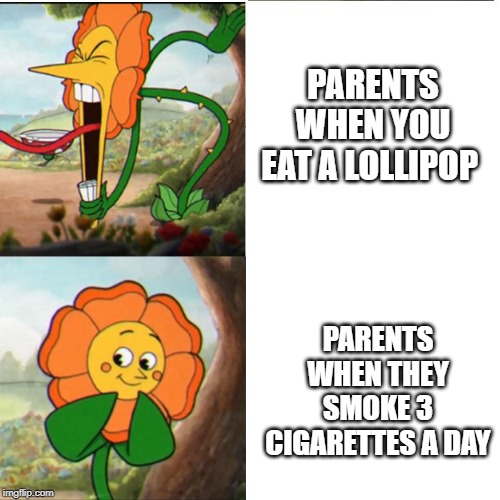 Cuphead Flower | PARENTS WHEN YOU EAT A LOLLIPOP; PARENTS WHEN THEY SMOKE 3 CIGARETTES A DAY | image tagged in cuphead flower | made w/ Imgflip meme maker