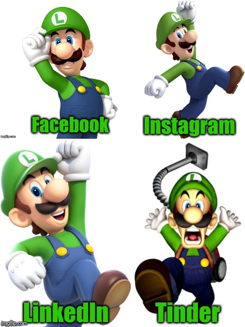 Luigi Mario's Dolly Parton Challenge | Instagram; Facebook; Tinder; LinkedIn | image tagged in memes,funny,super mario,luigi | made w/ Imgflip meme maker