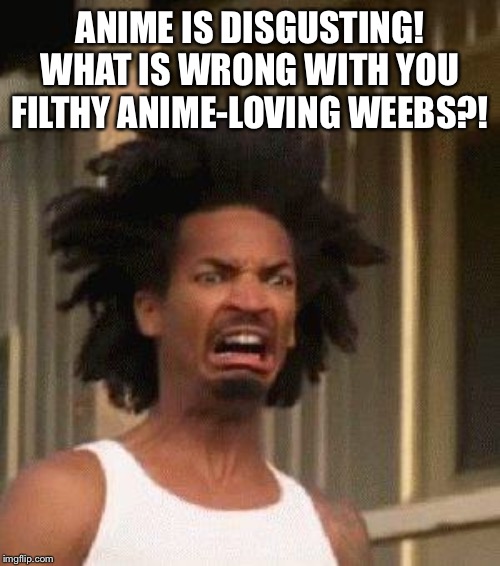 Disgusted Face | ANIME IS DISGUSTING! WHAT IS WRONG WITH YOU FILTHY ANIME-LOVING WEEBS?! | image tagged in disgusted face | made w/ Imgflip meme maker