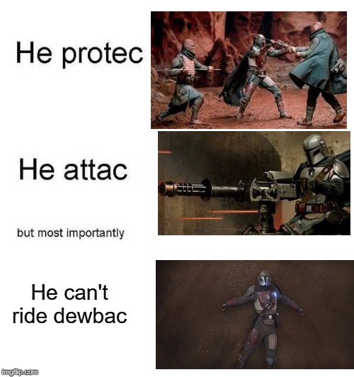 He protec he attac but most importantly | He can't ride dewbac | image tagged in he protec he attac but most importantly | made w/ Imgflip meme maker