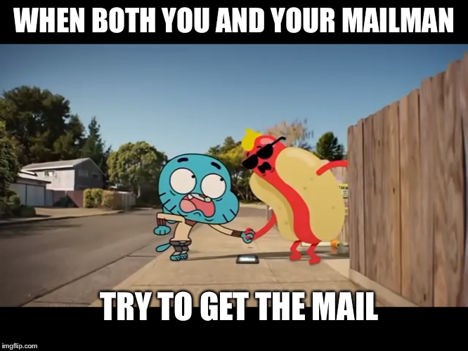 Based of a twitter tweet XD | WHEN BOTH YOU AND YOUR MAILMAN; TRY TO GET THE MAIL | image tagged in mail,mailman,funny memes,hilarious memes,the amazing world of gumball,gumball | made w/ Imgflip meme maker