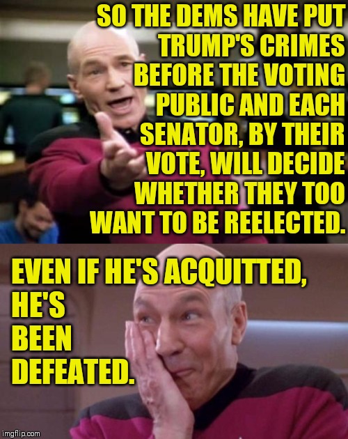 Now you see it ( : | SO THE DEMS HAVE PUT
TRUMP'S CRIMES
BEFORE THE VOTING
PUBLIC AND EACH
SENATOR, BY THEIR
VOTE, WILL DECIDE
WHETHER THEY TOO
WANT TO BE REELECTED. EVEN IF HE'S ACQUITTED,
HE'S
BEEN
DEFEATED. | image tagged in memes,picard wtf,picard oops,trump goes down,toto too,yay america | made w/ Imgflip meme maker