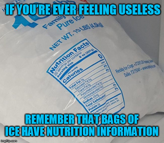 IF YOU’RE EVER FEELING USELESS; REMEMBER THAT BAGS OF ICE HAVE NUTRITION INFORMATION | image tagged in ice,useless | made w/ Imgflip meme maker