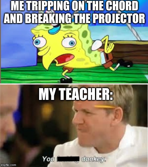 Me in school | ME TRIPPING ON THE CHORD AND BREAKING THE PROJECTOR; MY TEACHER: | image tagged in fun,spongebob | made w/ Imgflip meme maker