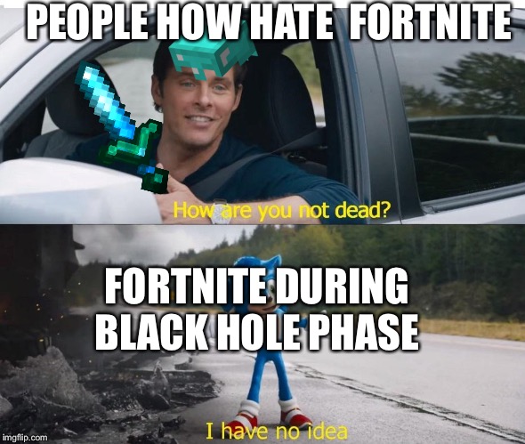 sonic how are you not dead | PEOPLE HOW HATE  FORTNITE; FORTNITE DURING BLACK HOLE PHASE | image tagged in sonic how are you not dead | made w/ Imgflip meme maker