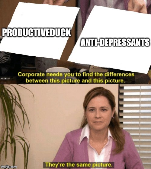 They're The Same Picture | ANTI-DEPRESSANTS; PRODUCTIVEDUCK | image tagged in office same picture | made w/ Imgflip meme maker
