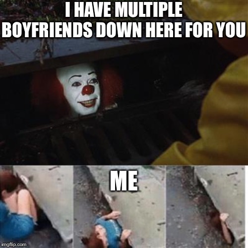 pennywise in sewer | I HAVE MULTIPLE BOYFRIENDS DOWN HERE FOR YOU; ME | image tagged in pennywise in sewer | made w/ Imgflip meme maker