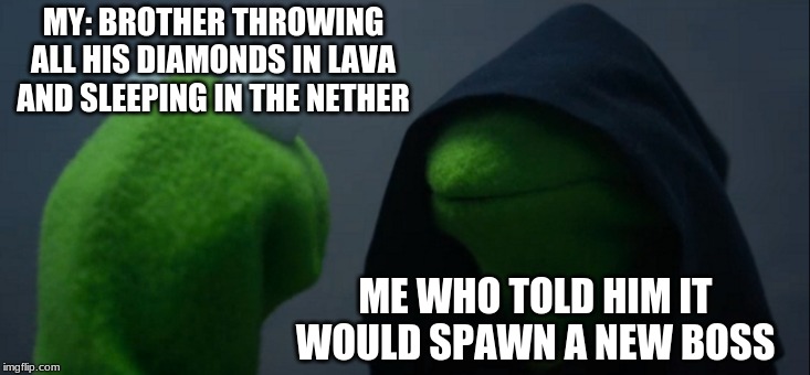 Evil Kermit Meme | MY: BROTHER THROWING ALL HIS DIAMONDS IN LAVA AND SLEEPING IN THE NETHER; ME WHO TOLD HIM IT WOULD SPAWN A NEW BOSS | image tagged in memes,evil kermit | made w/ Imgflip meme maker