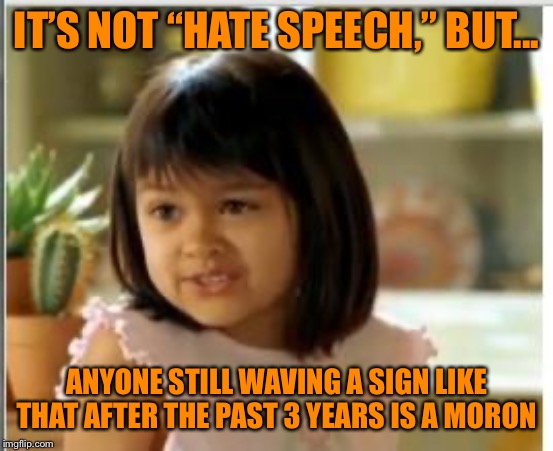 Waving a Trump sign and wearing a MAGA hat isn’t “hate speech,” but... | IT’S NOT “HATE SPEECH,” BUT... ANYONE STILL WAVING A SIGN LIKE THAT AFTER THE PAST 3 YEARS IS A MORON | image tagged in why not both,maga,election 2020,free speech,hate speech,first amendment | made w/ Imgflip meme maker