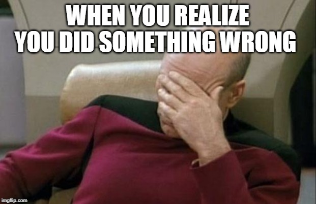 Captain Picard Facepalm | WHEN YOU REALIZE YOU DID SOMETHING WRONG | image tagged in memes,captain picard facepalm | made w/ Imgflip meme maker