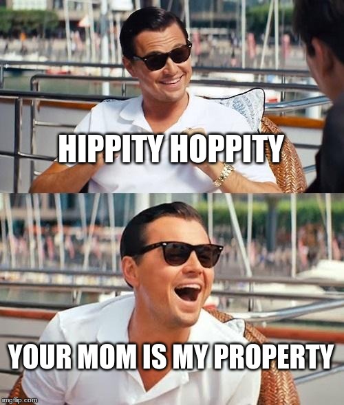 Leonardo Dicaprio Wolf Of Wall Street | HIPPITY HOPPITY; YOUR MOM IS MY PROPERTY | image tagged in memes,leonardo dicaprio wolf of wall street | made w/ Imgflip meme maker