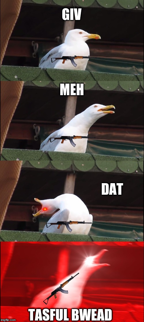 Inhaling Seagull | GIV; MEH; DAT; TASFUL BWEAD | image tagged in memes,inhaling seagull | made w/ Imgflip meme maker