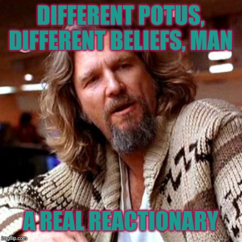 Confused Lebowski Meme | DIFFERENT POTUS, DIFFERENT BELIEFS, MAN A REAL REACTIONARY | image tagged in memes,confused lebowski | made w/ Imgflip meme maker