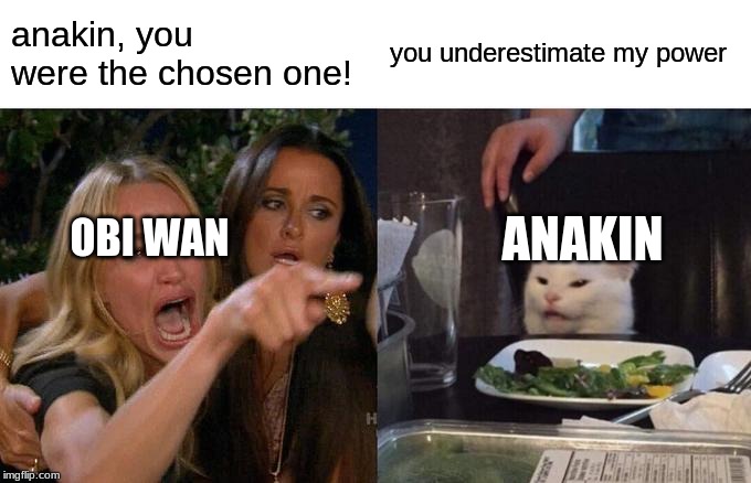 Woman Yelling At Cat | anakin, you were the chosen one! you underestimate my power; OBI WAN; ANAKIN | image tagged in memes,woman yelling at cat | made w/ Imgflip meme maker