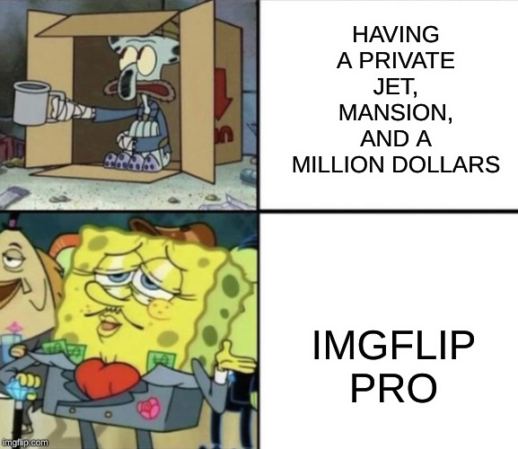 Rich Spongebob | HAVING A PRIVATE JET, MANSION, AND A MILLION DOLLARS; IMGFLIP PRO | image tagged in spongebob | made w/ Imgflip meme maker