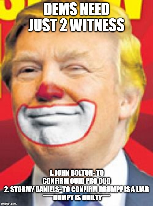 Donald Trump the Clown | DEMS NEED JUST 2 WITNESS; 1. JOHN BOLTON- TO CONFIRM QUID PRO QUO
2. STORMY DANIELS- TO CONFIRM DRUMPF IS A LIAR
*****DUMPY IS GUILTY**** | image tagged in donald trump the clown | made w/ Imgflip meme maker