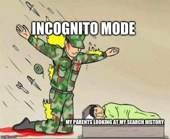 Soldier protecting sleeping child | INCOGNITO MODE; MY PARENTS LOOKING AT MY SEARCH HISTORY | image tagged in soldier protecting sleeping child | made w/ Imgflip meme maker