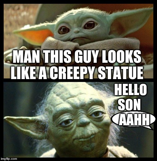 baby yoda | MAN THIS GUY LOOKS LIKE A CREEPY STATUE; HELLO SON     AAHH | image tagged in baby yoda | made w/ Imgflip meme maker