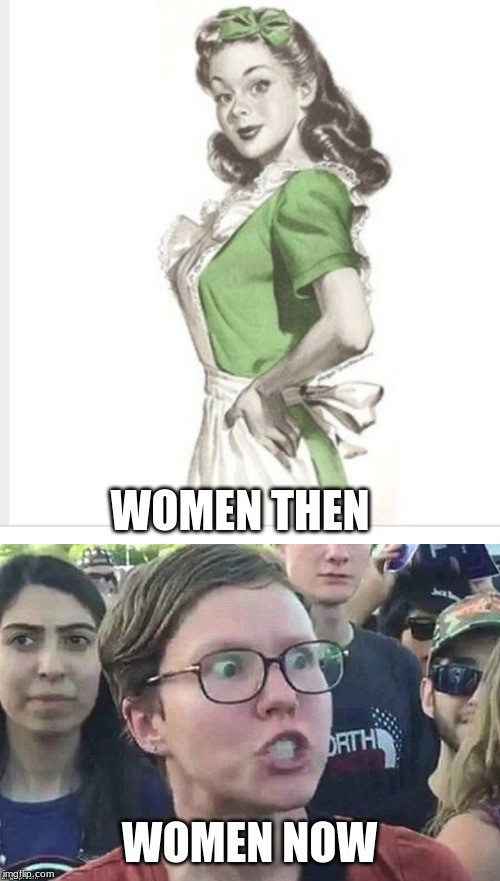 WOMEN THEN WOMEN NOW | image tagged in 50's housewife,meme angry woman | made w/ Imgflip meme maker