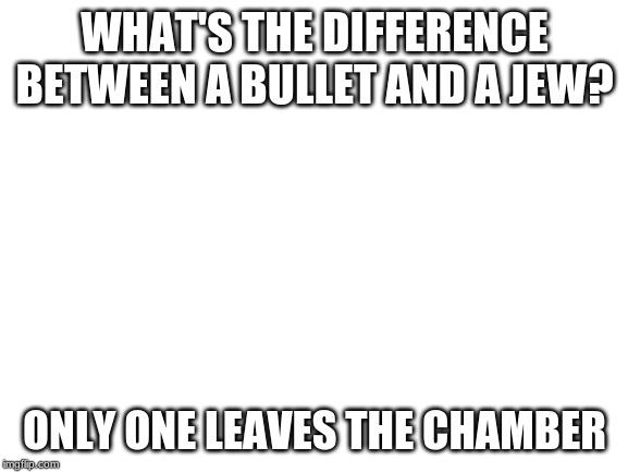 Blank White Template | WHAT'S THE DIFFERENCE BETWEEN A BULLET AND A JEW? ONLY ONE LEAVES THE CHAMBER | image tagged in blank white template | made w/ Imgflip meme maker