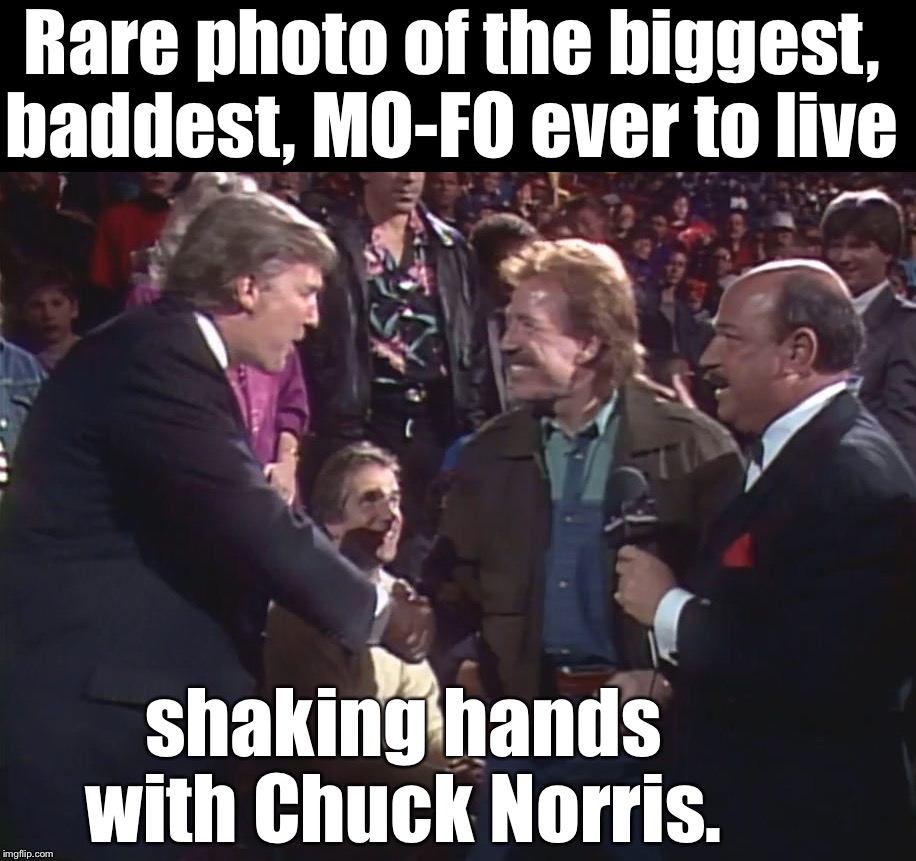 POTUS with Norris | Rare photo of the biggest, baddest, MO-FO ever to live; shaking hands with Chuck Norris. | image tagged in maga,donald trump,chuck norris | made w/ Imgflip meme maker