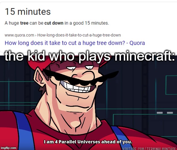 It takes 15 minutes in real life. Meanwhile in Minecraft, it take 15 seconds | the kid who plays minecraft: | image tagged in mario i am four parallel universes ahead of you,minecraft,funny,memes,tree,time | made w/ Imgflip meme maker