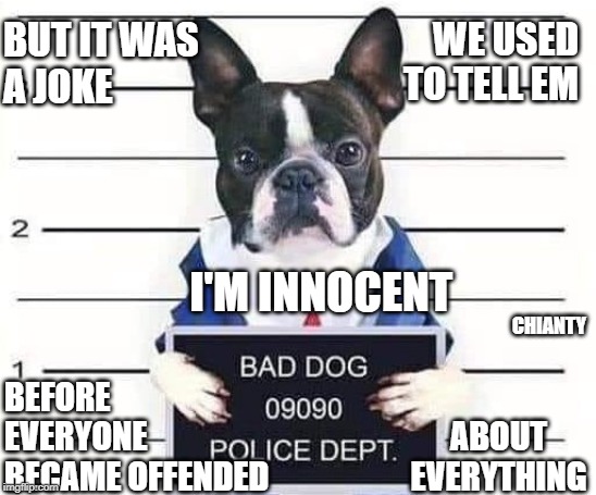 A Joke | WE USED TO TELL EM; BUT IT WAS 
A JOKE; CHIANTY; I'M INNOCENT; BEFORE EVERYONE BECAME OFFENDED; ABOUT EVERYTHING | image tagged in innocent | made w/ Imgflip meme maker