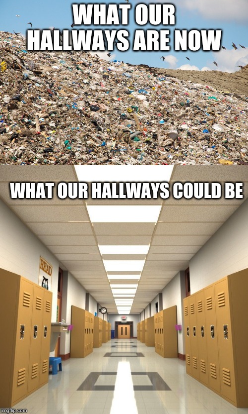 WHAT OUR HALLWAYS ARE NOW; WHAT OUR HALLWAYS COULD BE | image tagged in landfill | made w/ Imgflip meme maker
