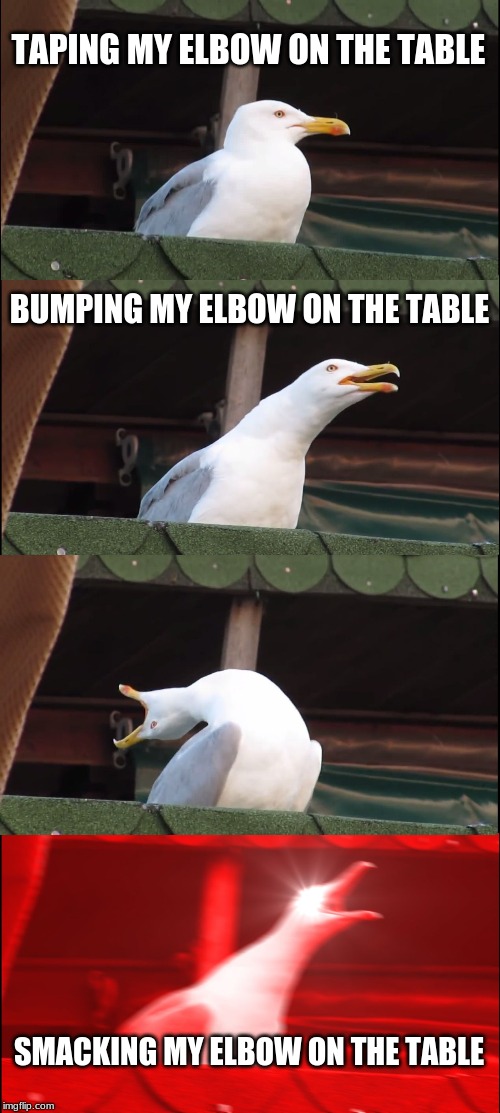 Inhaling Seagull | TAPING MY ELBOW ON THE TABLE; BUMPING MY ELBOW ON THE TABLE; SMACKING MY ELBOW ON THE TABLE | image tagged in memes,inhaling seagull | made w/ Imgflip meme maker