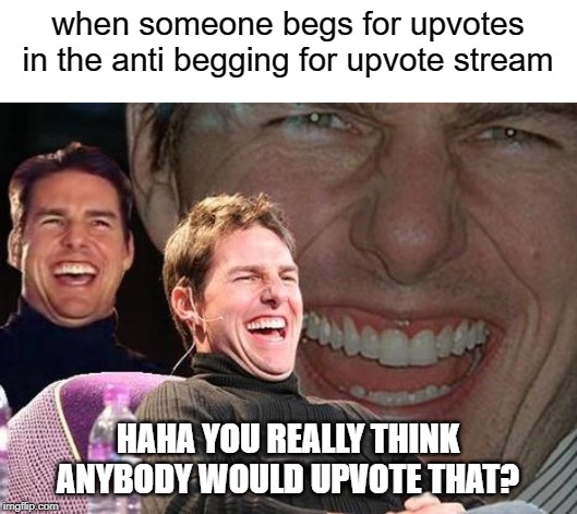 Anti upvote begging | when someone begs for upvotes in the anti begging for upvote stream; HAHA YOU REALLY THINK ANYBODY WOULD UPVOTE THAT? | image tagged in tom cruise laugh,funny,memes,begging for upvotes,upvote begging | made w/ Imgflip meme maker