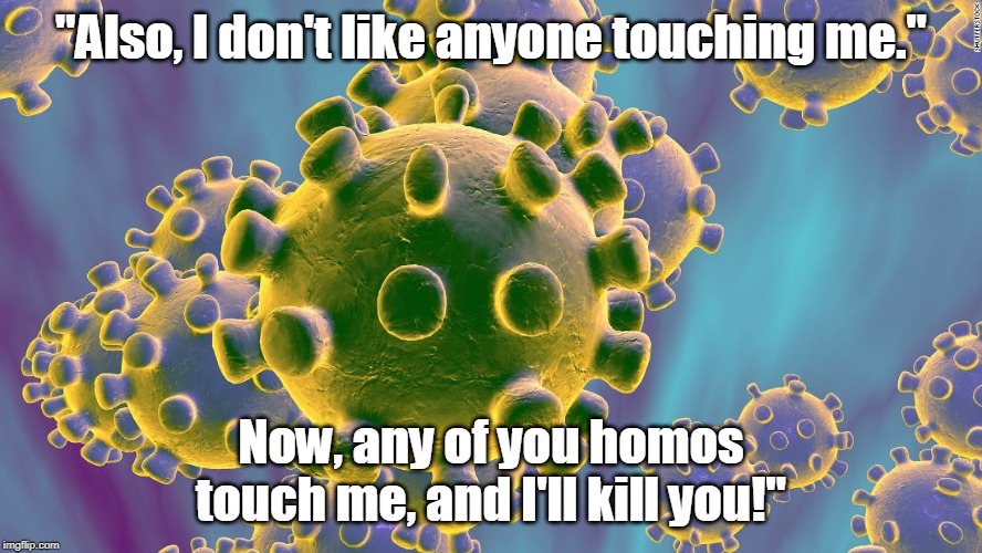 Coronavirus | "Also, I don't like anyone touching me."; Now, any of you homos touch me, and I'll kill you!" | image tagged in coronavirus | made w/ Imgflip meme maker