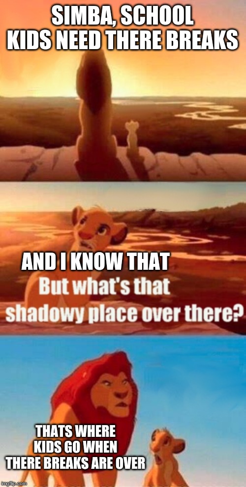 Simba Shadowy Place | SIMBA, SCHOOL KIDS NEED THERE BREAKS; AND I KNOW THAT; THATS WHERE KIDS GO WHEN THERE BREAKS ARE OVER | image tagged in memes,simba shadowy place | made w/ Imgflip meme maker
