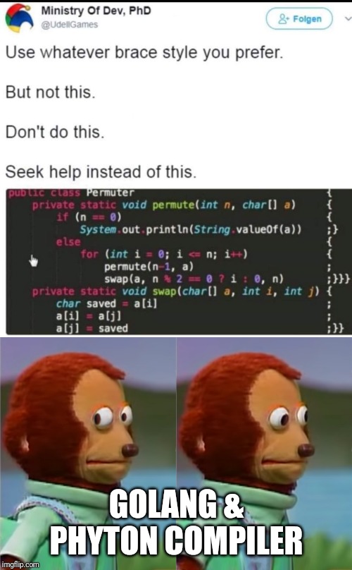 GOLANG & PHYTON COMPILER | image tagged in puppet monkey looking away | made w/ Imgflip meme maker